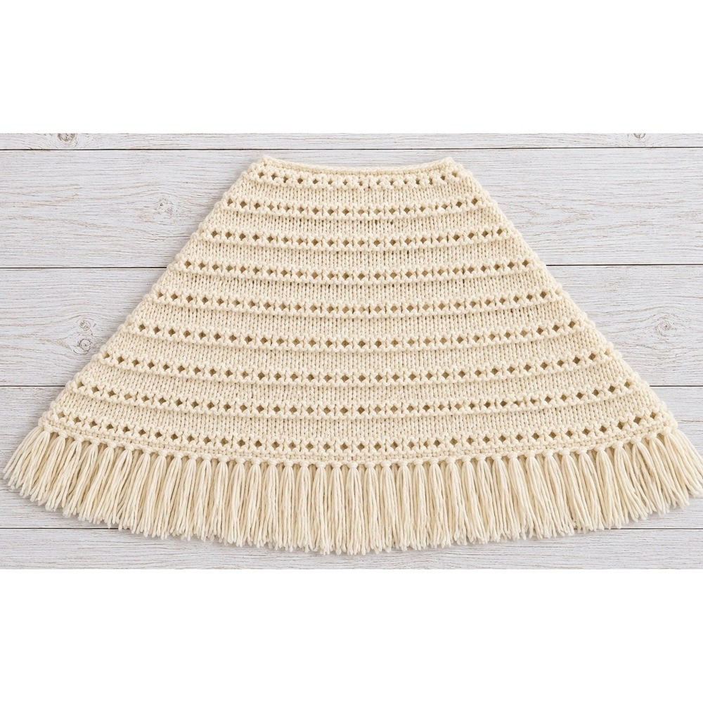 Handmade Knit Poncho Capelet Fringe Cream Boho Crochet Style One Size